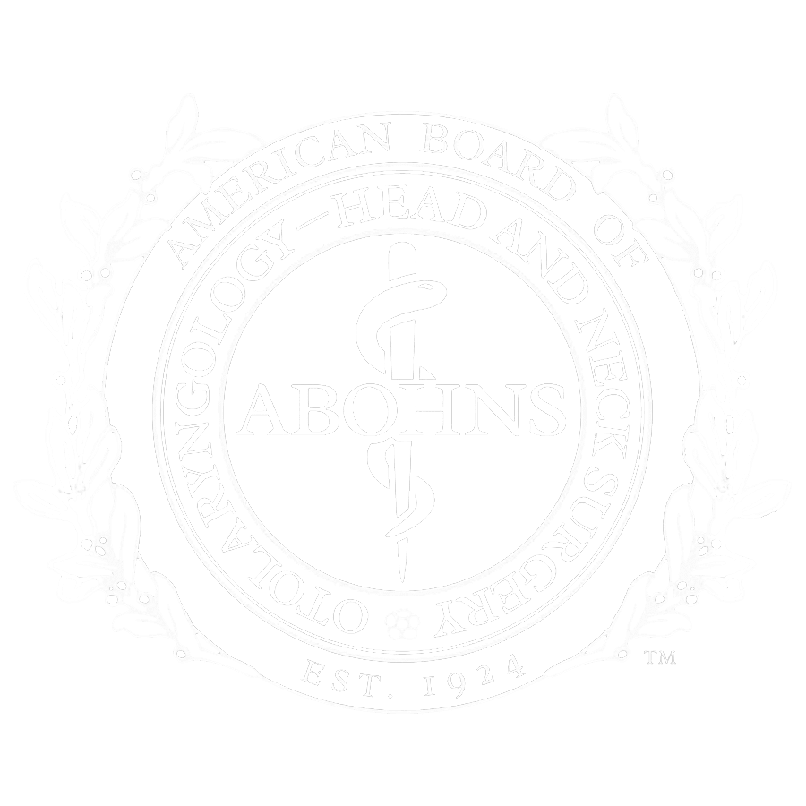 Logo of the american board of otolaryngology - head and neck surgery, featuring a stylized snake and staff emblem, surrounded by floral motifs, with the text "abohns" and "est. 1924.